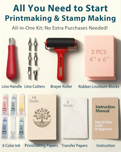 Linocut Tools Block Printing Kit: Deluxe Stamp Carving Printmaking Kit Supplies with Inks, Rubber Blocks, Linoleum Cutters, Brayer, Tracing Papers for Beginners DIY Hobby Gift - color: Multicolor(6 Color Version)