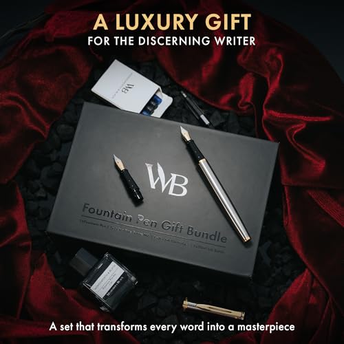 Wordsworth & Black Fountain Pen Set,18K Gilded Medium and Extra Fine Nib,25ML Black Ink Bottle,6 Ink Cartridges,Refill Converter,Gift Box,Smooth Writing Pens [Silver Gold],Gift Set for Men and Women - color: Silver Gold