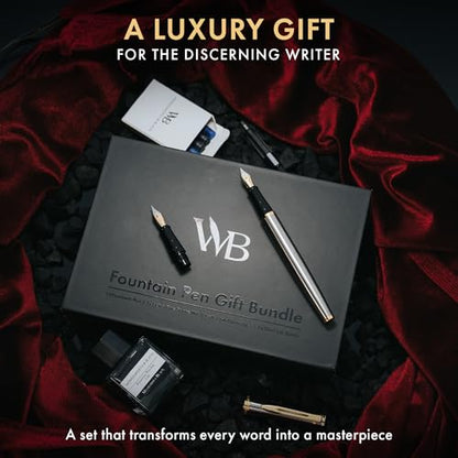 Wordsworth & Black Fountain Pen Set,18K Gilded Medium and Extra Fine Nib,25ML Black Ink Bottle,6 Ink Cartridges,Refill Converter,Gift Box,Smooth Writing Pens [Silver Gold],Gift Set for Men and Women - color: Silver Gold