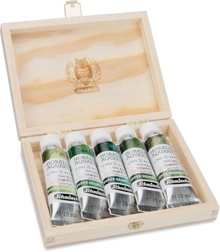 Schmincke - HORADAM® AQUARELL, Super-Granulation Set Forest, 5 x 15 ml tubes, 74 851 097, wooden box, very strong granulating watercolors - color: Forest, size: 2.54 Fl Oz (Pack of 1)