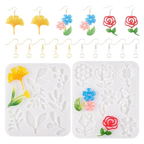 Boutigem 2Pcs Flower Earring Resin Mold Spring Floral Silicone Casting Mold Earring Hooks Jump Rings for Women Jewelry Making Handicrafts Decoration Supplies - color: White-Flower-A