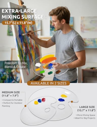 DUGATO Clear Acrylic Paint Palette, 2-Pack Oval Paint Trays, 15.7 x 11.8 in | Big Size Palette, Non-stick Surface, Suitable for Acrylic, Oil & Watercolor - size: Oval Large 15.7 x 11.8 inches 2pcs