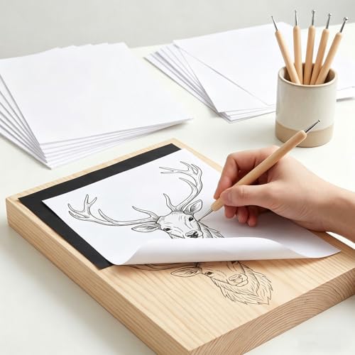 150 Sheets White Carbon Graphite Transfer Paper A4 Size Tracing Carbon Copy Graphite Paper with 5 Embossing Stylus Tracing Stylus Dotting Tools for Cloth Fabric Embroidery and Wood