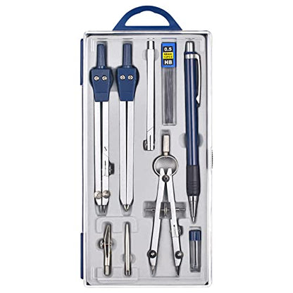 Unjoo 9Pcs Precision Geometry Set Metal Compass, Geometry Tool Tool Set with Shatterproof Storage Box, Circle Drafting Tool and Architecture, Drafting Kits for Engineers Students(Blue) - color: Blue