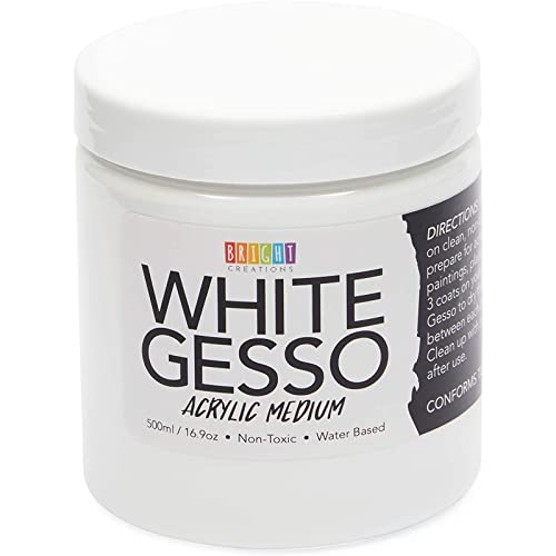 Bright Creations Gesso for Mixed Media - Acrylic Gesso White Primer for Canvas & Wood - Fast-Drying Smooth Base for Canvas Painting & Acrylic Paint Medium - 16.9 Fl Oz, White, Pack of 1