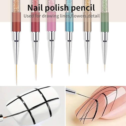 6Pcs Rhinestone Handle Ultra-Fine Nail Liner Brush Set - Professional Striping Brushes for Intricate Nail Art, Multi-Color Crystal Handle Gel Polish Liner Brushes for Salon & DIY Manicure Detailing - color: 6PCS Liner Brush