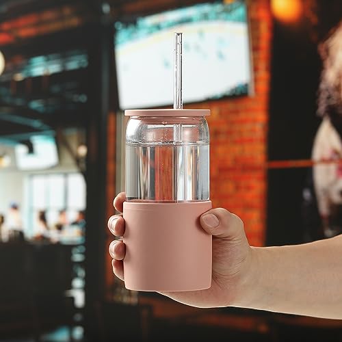 Sunseeke Glass Tumbler with Straw and Lid, 16oz Ice Coffee Cup, Silicone Sleeve Cleaning Brushes, Drinking Glasses for Water, Iced Coffee, Smoothie - BPA Free (Sandy Beige) - color: Sandy Beige