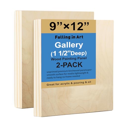 Falling in Art 2 Pack Unfinished Wooden Canvas Panels, 9x12 Gallery Birch Wood Panels Kit, 1 1/2" Deep Art Cradle Boards for Acrylic Painting, Pouring and Burning - size: 9*12 2 Pack