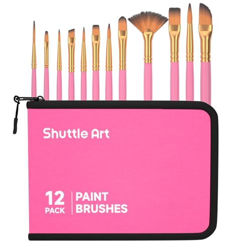 Shuttle Art 12 PCS Paint Brush Set with Case, Assorted Shapes & Sizes for Acrylic, Watercolor, Oil, and Gouache, Perfect Artist Brushes for Kids, Beginners, and Professionals, Ideal for Home or Travel - color: Pink