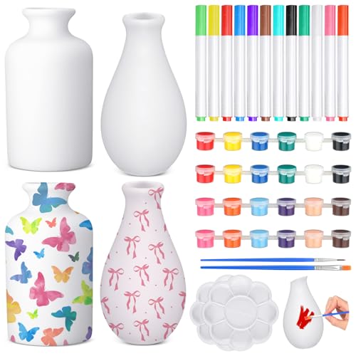 Singhoow 4 Sets Ceramics to Paint Vase DIY Your Own Ceramic Vase Art Project White Painting Decorating Kit Paintable Unpainted Plaster for Adults Porcelain Decorating Kit Holiday Supplies(Charming) - color: white