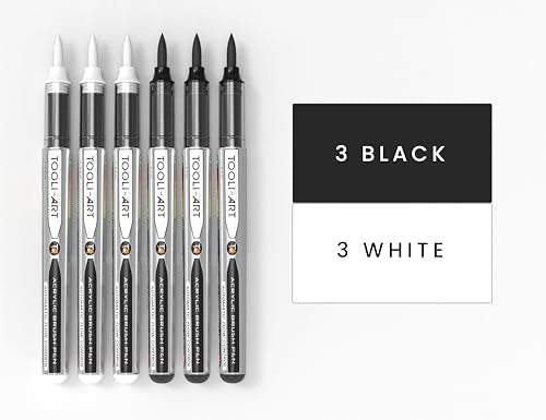 6 Black & White Acrylic Paint Pens – Flexible Brush Markers with Automatic Flow Control, 1–5mm, Waterbased, Illustration, Lettering & Multi-Surface Glass, Wood, Metal, Canvas, Fabric, Plastic, Paper