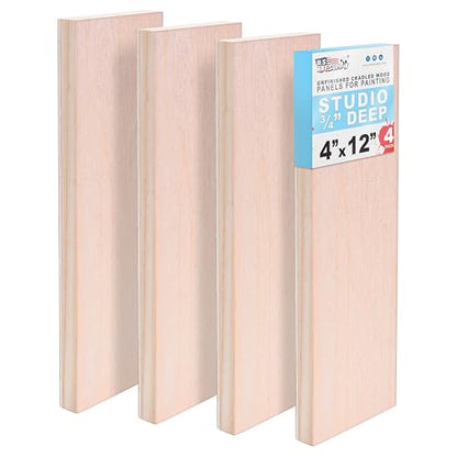 U.S. Art Supply 04" x 12" Unfinished Cradled Wood Panels for Painting, Studio 3/4" Deep (4 Pack) - Artist Depth Birch Wooden Wall Canvases - Mixed-Media Craft, Acrylic, Oil, Encaustic, Paint Pouring - size: 4" x 12"