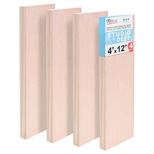 U.S. Art Supply 04" x 12" Unfinished Cradled Wood Panels for Painting, Studio 3/4" Deep (4 Pack) - Artist Depth Birch Wooden Wall Canvases - Mixed-Media Craft, Acrylic, Oil, Encaustic, Paint Pouring - size: 4" x 12"