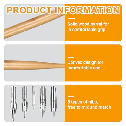 Piriuuo 11 Pcs Dip Pen Set - Comic Pen Nib Set - Oblique Calligraphy - Stainless Steel Nibs with Wooden Holder - Replacement Nibs for Writing Painting Signing