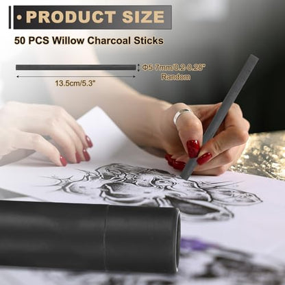 MECCANIXITY 50Pcs Willow Charcoal Sticks, 5-7mm Willow Charcoal Pencils Soft Sketch Vine Art Supplies Set for Drawing Sketching Shading Painting Artists Beginners