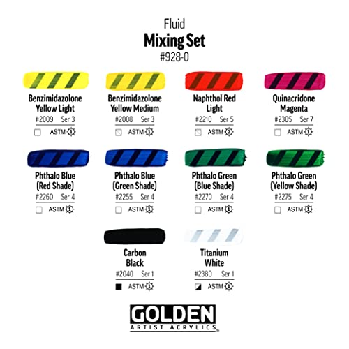 GOLDEN Fluid Acrylics, Fluid Mixing Set, 10 Color, 1 fl. oz. Bottles, Professional Acrylic Paint