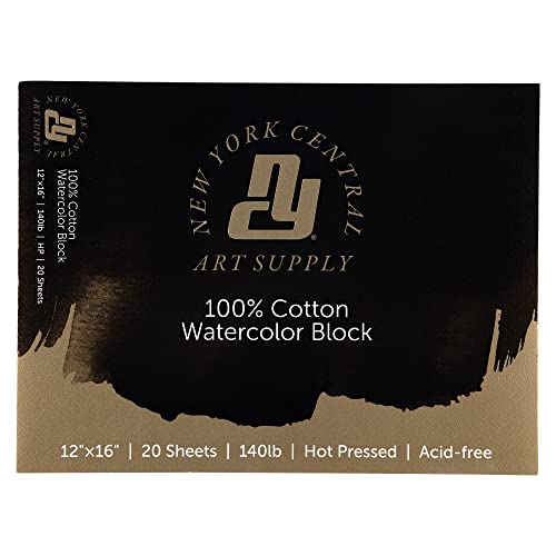 New York Central Watercolor Paper Block - 12x16" - 20 Sheets, 140 lb. Hot Press - 100% Cotton, Acid-Free, Archival Quality, Bright White Watercolor Paper Pad for Wet & Dry Media - size: 12x16"
