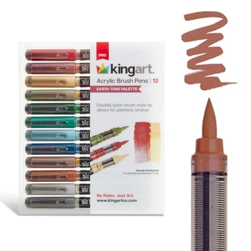 KINGART PRO 12-Piece Acrylic Paint Brush Pen Set – Earth Tone Colors – Flexible Brush Tip for Detailed Illustration and Lettering – Water-Based Opaque Art Markers for Multi-Surface Use - color: Earth Tone
