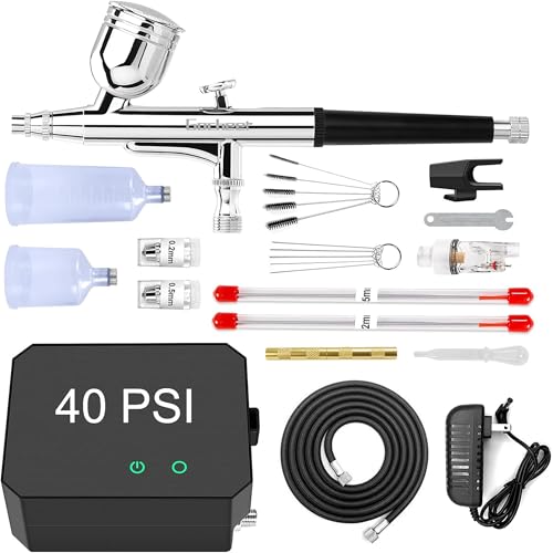 Gocheer Airbrush Kit with Air Compressor, 40 48 PSI High Pressure Air Brush Non-Clogging with 0.2/0.3/0.5mm Nozzle/Cleaning Sets, Ideal for Painting, Modeling, Cake Decor, Makeup (Black, 40 PSI) - color: Black, size: 40 PSI