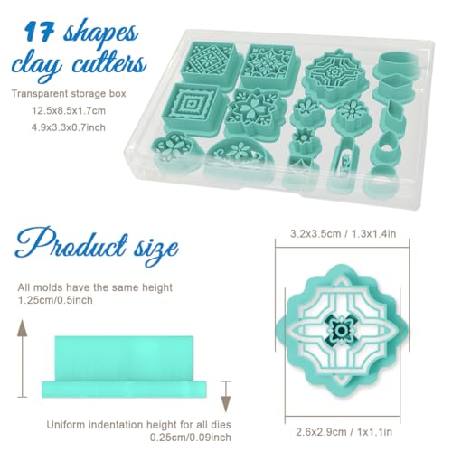 ORIGACH 17 Pcs Portuguese Peranakan Tiles Polymer Clay Cutters, Mediterranean Flower Frame & Tiles Design Clay Cutters for Polymer Clay Jewelry Earrings with a Clear Storage Box - style: Portuguese Peranakan Tiles