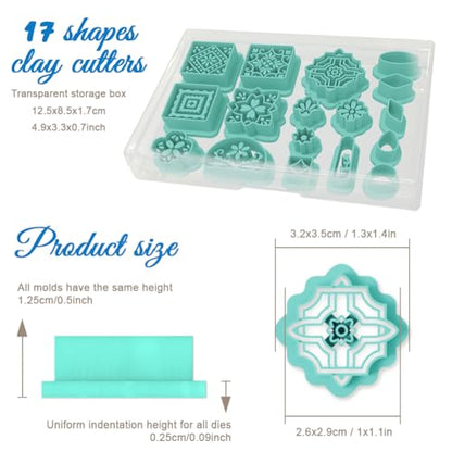 ORIGACH 17 Pcs Portuguese Peranakan Tiles Polymer Clay Cutters, Mediterranean Flower Frame & Tiles Design Clay Cutters for Polymer Clay Jewelry Earrings with a Clear Storage Box - style: Portuguese Peranakan Tiles