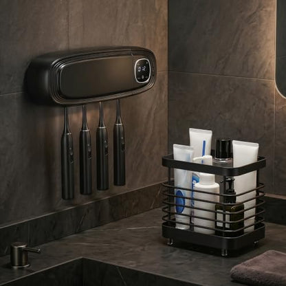 OTraki Black Wall Mounted Toothbrush Holders with Stainless Steel Rack, 4 Slots Toothbrush Holder Rechargeable Toothbrush Cleaner Holder with Fan Drying, No Drill Install