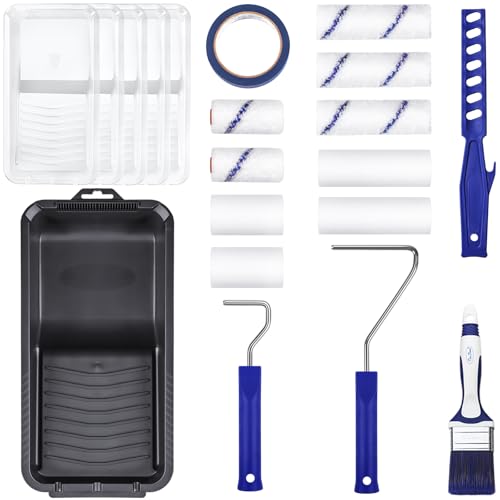 20pcs Small Paint Roller Kit, 4“ 2” Mini Roller Paint Brush with Special Caved-in Edge Foam, Microfiber Rollers and Versatile Paint Tray for Painting Walls, Cabinet, Touch up