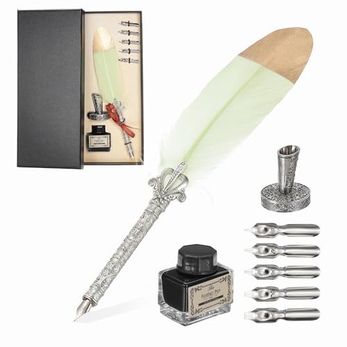 PATIKIL Feather Quill Pen Set, 1 Set Vintage Feather Calligraphy Pen Fountain Dip Pen Set with Ink, Pen Holder and Replacement Nibs for Beginner Writer Writing Gift, Mint Green - color: Mint Green