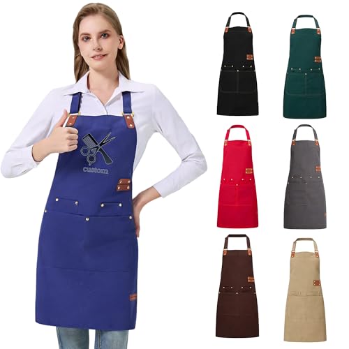 Personalized Waterproof Canvas Apron Custom Logo - Heavy Duty Cross Back 4 Pockets for Men Women Chef Barista - color: Blue