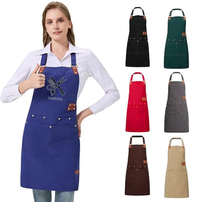 Personalized Waterproof Canvas Apron Custom Logo - Heavy Duty Cross Back 4 Pockets for Men Women Chef Barista - color: Blue