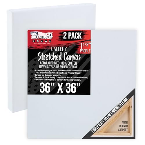 U.S. Art Supply Rectangle Stretched Canvas for Painting 36x36 inch Gallery Depth 1-1/2" Thick, 2-Pack - 17oz Acrylic Gesso Triple Primed, Professional Artist Quality, 100% Cotton - Oil, Pouring Paint - size: 36" x 36"