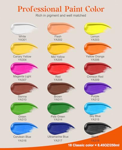 Acrylic Paint Set, 8.45oz 18 Colors Acrylic Paint Large Bottle Set, Rich Pigmented Canvas Paint, Premium Non-toxic Paints for Artists, Paint Set for Kids & Adults, Art Supplies for Canvas