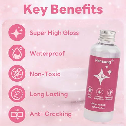 Air Dry Clay Glaze, High-Gloss Clear Sealer Top Coat for Polymer & Air Dry Clay, Fast-Drying Water-Based Varnish with Brush, 100ml
