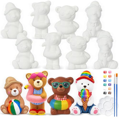 Soulchen 17 Pcs Paint Your Own Summer Beach Bear Ceramic Paint Craft Set Include 12 Unpainted Ceramic Bears 2 Strips of Paints with 2 Brushes 1 Palette Toys Gift for Birthday - style: Summer Bear