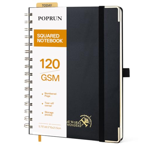 POPRUN Graph Paper Spiral Journal Notebook, [A5-5.75'' x 8.25''] - 120 GSM Thick Paper, 141 Numbered Pages, Grid Notebooks for Men & Women with Pocket, Index Tabs, 8 Perforated Sheets,Black - color: Black, style: Grid