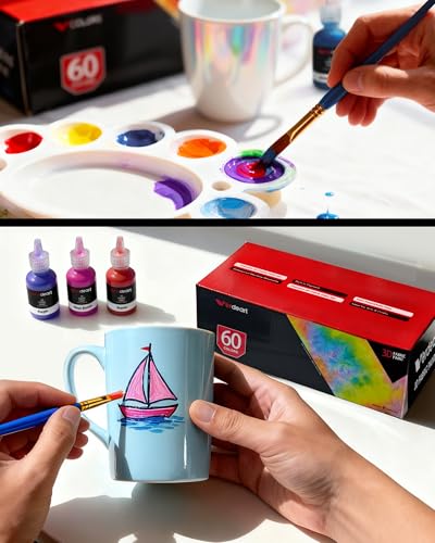 60 Color Fabric Paint Set – 3D Puffy Permanent Textile Paint for T-Shirts, Jeans & Crafts with 10 Brushes, Palette and 3 Stencils - size: 1 Fl Oz (Pack of 60)