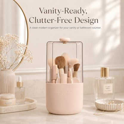 EACHY Makeup Brush Holder with Lid, 360° Rotating Vanity Organizer for Brushes, Dustproof Cosmetic Display Case, 7 Compartments, Waterproof Plastic (Pink) - color: Pink