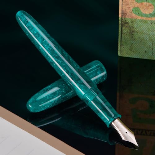 Asvine C80 Fountain Pen #8 Stub 1.1mm Nib Large Handcraft Calligraphy Art Drawing Pen with Converter Pen Case Collection Set (Green Glitter) - color: Green Glitter, style: Stub