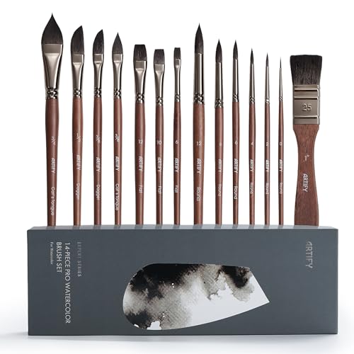 Artify Watercolor Brushes Professional, 14pcs Mixed Squirrel Hair Watercolor Paint Brush Set - Balanced Spring & Watercolor Absorption & Paint Release, Round/Flat/Filbert/Angled/Liner Tips