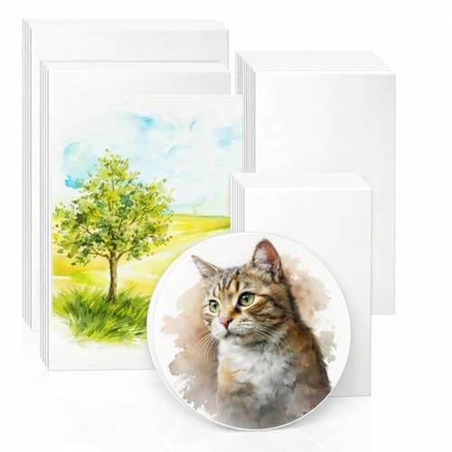 Dunzoom 100 Sheets Watercolor Paper Bulk 6 Sizes White Water Color Paper Cold Press 250 GSM Watercolor Artist Painting White Craft Art Supplies 9'' x 12'' 8'' x 10'' 8''x8'' 6''x 6'' 5''x7'' 4''x6'' - size: Rectangular and Circular Size