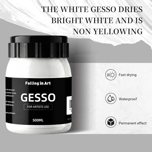 Falling in Art 16.9 Oz White Gesso Primer for Acrylic Painting for Oil Paints, Non-Toxic Canvas Surface Prep Medium - color: White