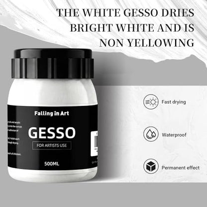 Falling in Art 16.9 Oz White Gesso Primer for Acrylic Painting for Oil Paints, Non-Toxic Canvas Surface Prep Medium - color: White