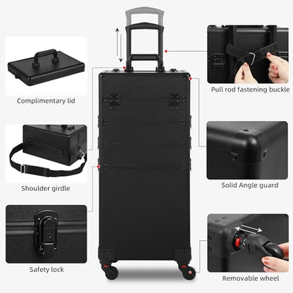 Somduy Rolling Makeup Case, Makeup Train Case with Lid, 5 in 1 Cosmetology Case on Wheels, Christmas Gift, Large Makeup Organizers, Profesional Cosmetic Case for Salon Barber, Black - color: Black