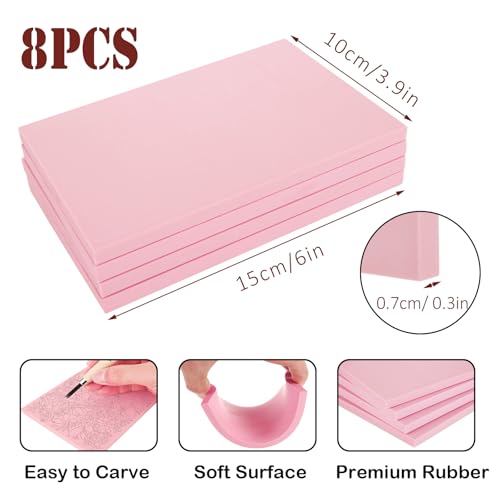 8PCS 4x6 Inch Linoleum Carving Blocks for Printmaking, Rubber Linocut Block Stamp Making Kit with Wood Carving Tools and Rubber Brayer Roller, Soft Stamp Carving Kit for DIY Crafts
