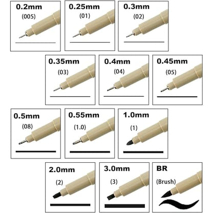 Micro Fineliner Drawing Art Pens 12pcs Pigment Fine Point Archival Black Ink Pen for Writing, Illustration,Zentangle,Calligraphy,Technical,Sketching or Journaling-Point Size 0.2mm - 3mm