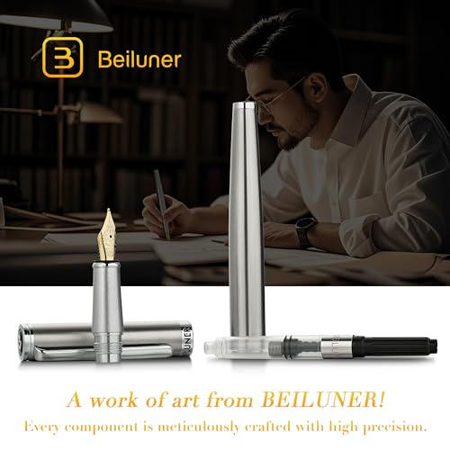 BEILUNER Luxury Fountain Pen Set, Solid 24K Gilded Medium Nib, Silver Stainless Steel Body- Includes 6 Ink Cartridges & Ink Refill Converter with Gift Case - Nice pen for Men and Women - color: Silver, style: Medium Nib