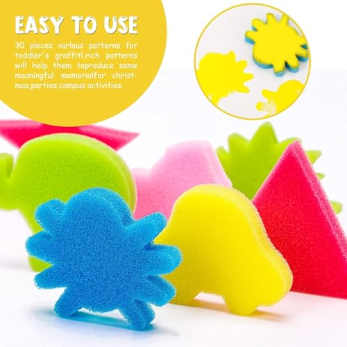 30Pcs Sponge Painting Shapes, Painting Craft Sponge with Different Shape, Colorful Paint Sponges for Kids Early Learning Finger Paint Brushes Foam Art Drawing Tools - style: 3F-PatternBrush30PCS