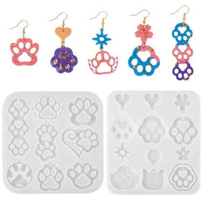 Elecrelive 2Pcs Cat Dog Paw Print Resin Jewelry Molds Earring Pendants Epoxy Mold Animal Footprints Jewelry Kit for DIY Craft Necklace Keychains Decoration