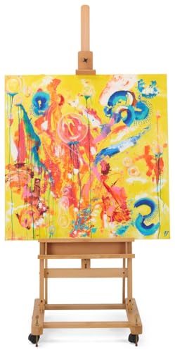 Wooden Studio Easel with Wheels, H Frame, Adjustable Holders for Canvases up to 60"h, Accessories Tray (Beech Wood)