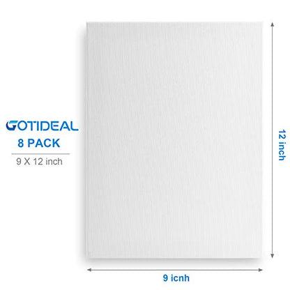 GOTIDEAL Stretched Canvas, 9x12 Inch Set of 8, Primed White - 100% Cotton Artist Canvas Boards for Painting, Acrylic Pouring, Oil Paint Dry & Wet Art Media - color: White, size: 9"x12"